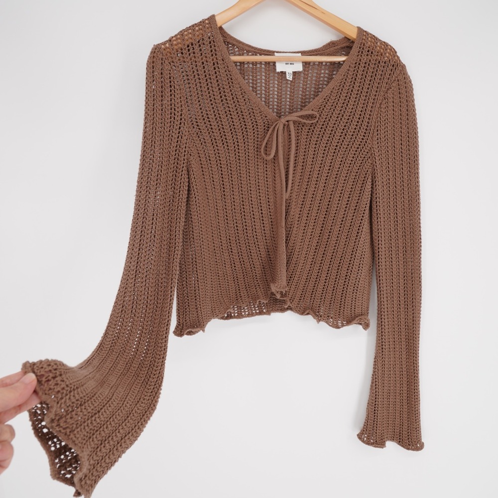 Willow & Wind Open Knit Tie Front Cardigan XS Brown Bell Sleeve Y2K Fairy Grunge